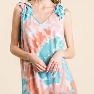BiBi Circular Tie Dye Knit V Neck Top With Ruffle